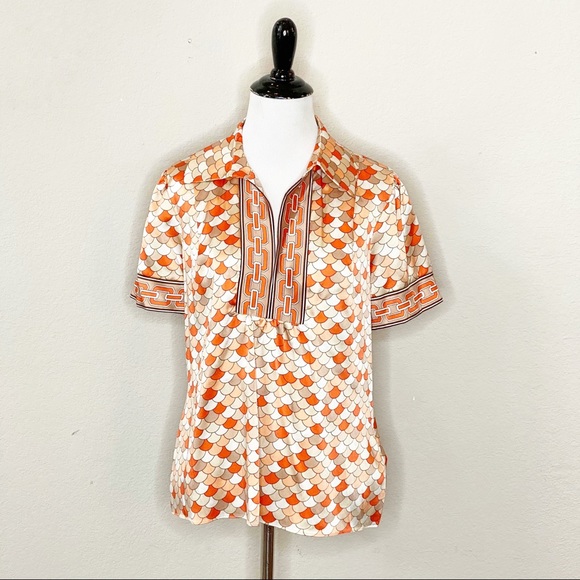 ECI New York Retro Peacock Pattern Silk Collar blouse Size Medium - Picture 3 of 8